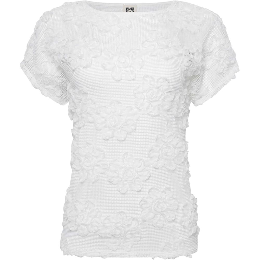 imageAnne Klein Womens Grid Soutache Ss Bateau Neckline TeeBright White