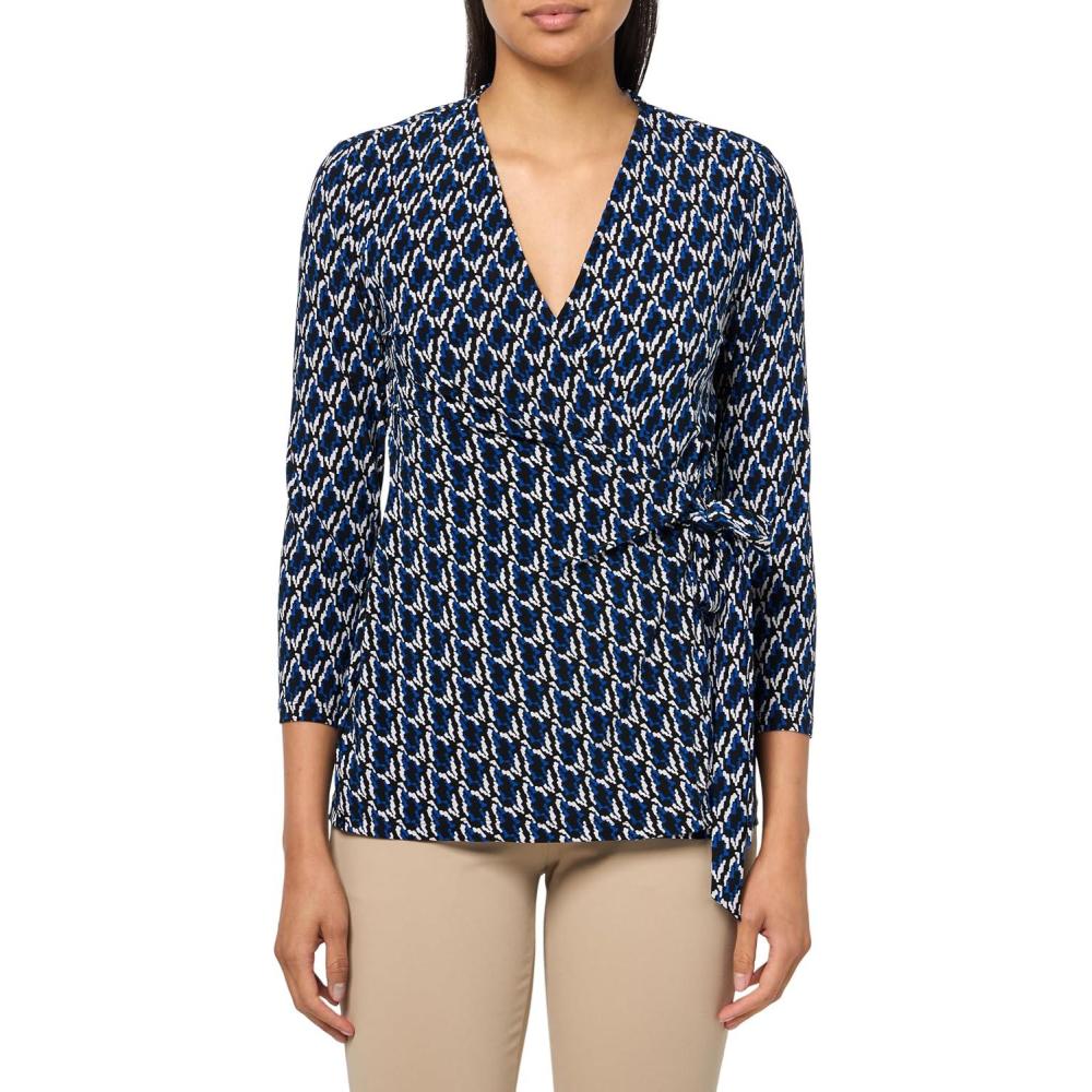 imageAnne Klein Womens Printed Ity 3q SLV Wrap TopAnne Black Multi