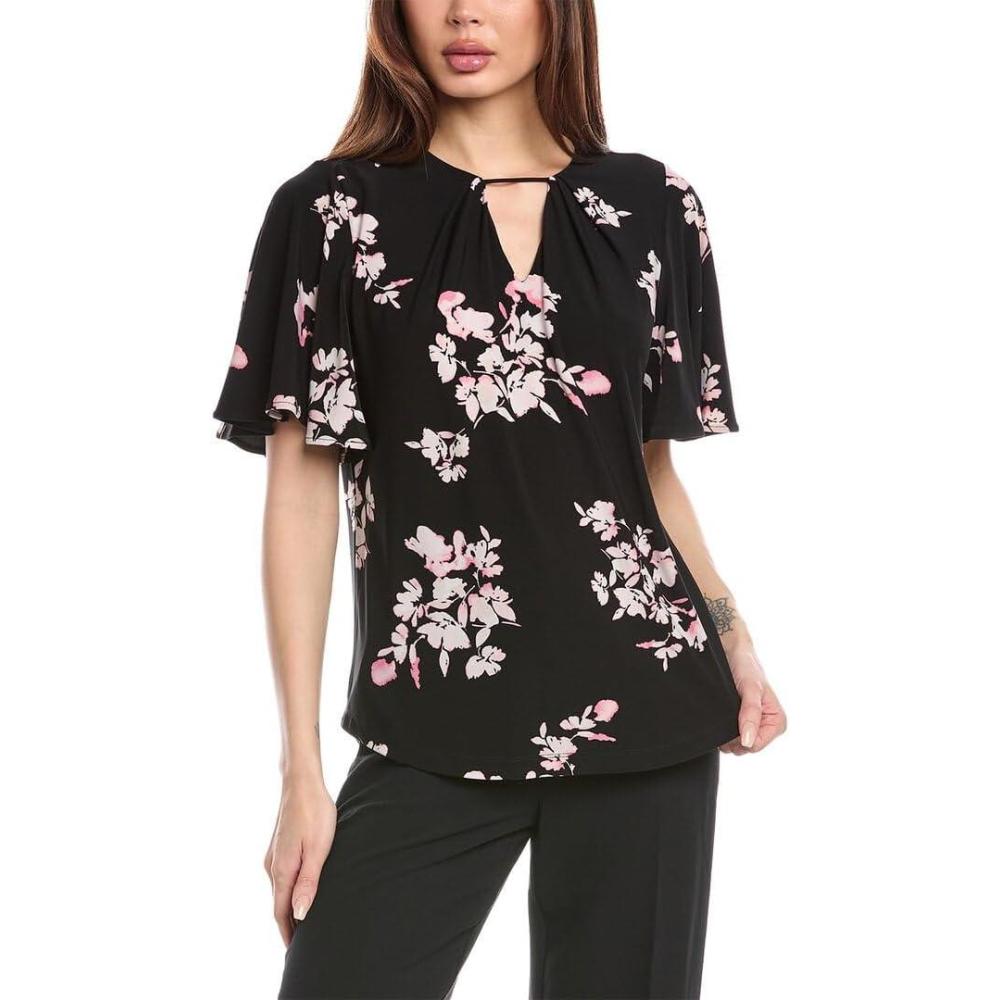 imageAnne Klein Womens Printed Ity Pleat Neck Bell SLV TopAnne Black Multi