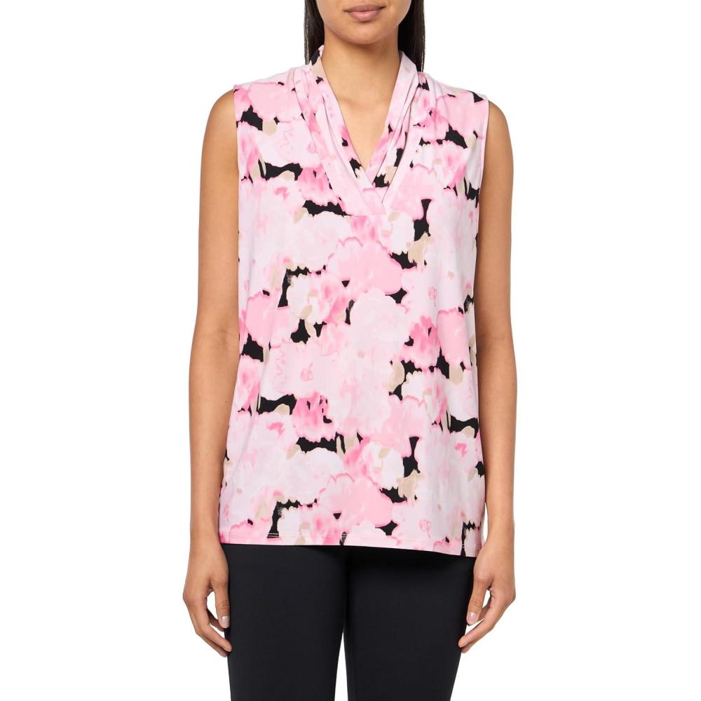 imageAnne Klein Womens Printed Ity Triple Pleat TopPeony Pink Multi