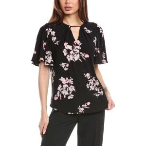 Anne Klein Women’s Printed Ity Pleat Neck Bell SLV Top(Anne Black Multi)