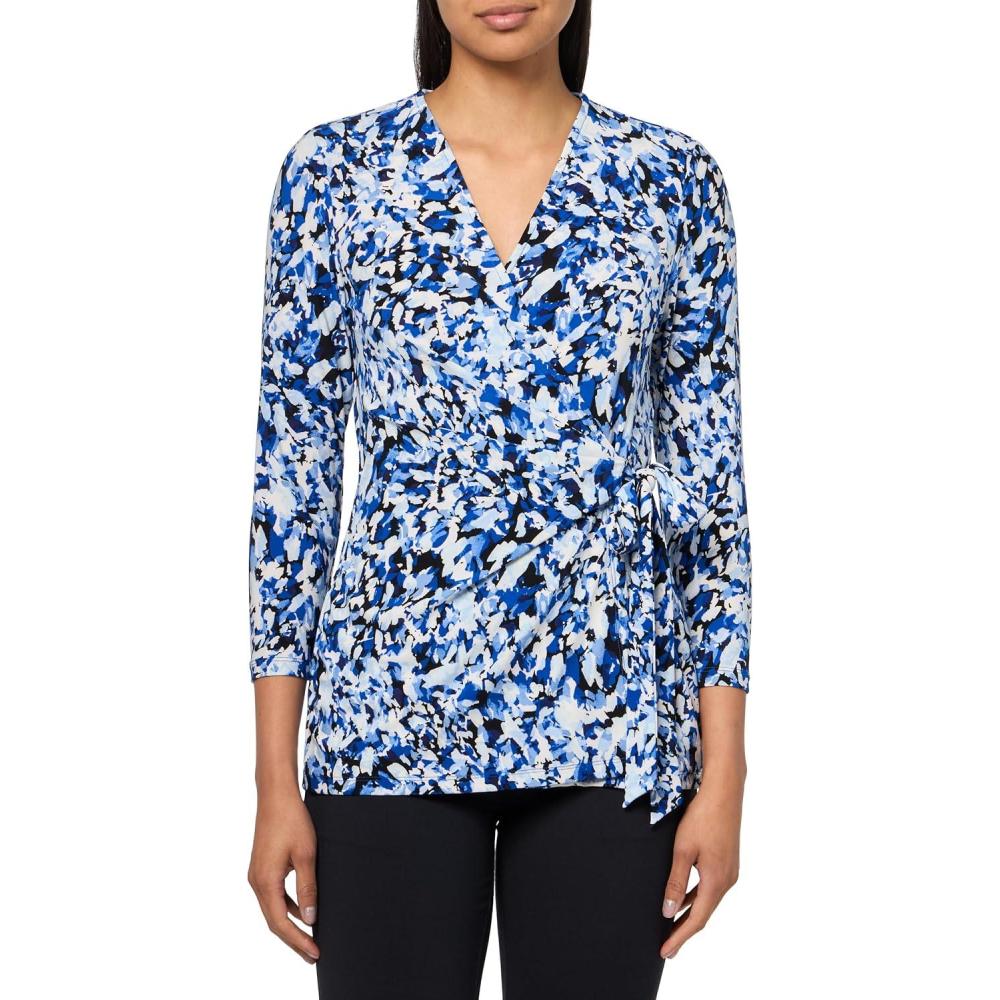 imageAnne Klein Womens Printed Ity 3q SLV Wrap TopAnne Black Multi