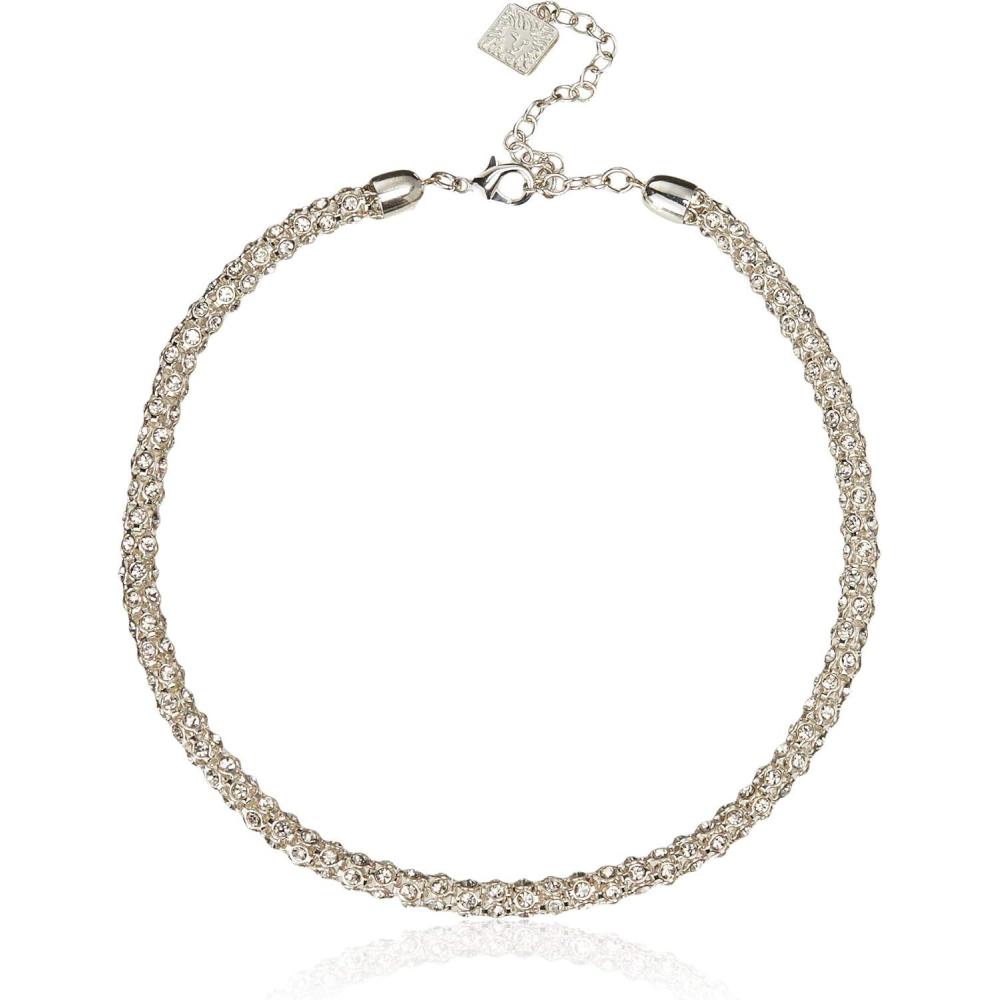 imageAnne Klein SilverTone Crystal Glass Tubular Pave Collar Necklace 16