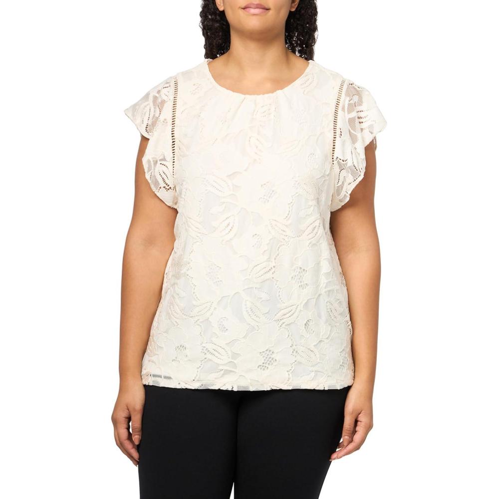 imageAnne Klein Womens Blssm Lace Flttr SLV Tank W Ladder LaceWhite Dove