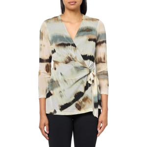 Anne Klein Women’s Printed Mesh 3q SLV Wrap Top(White Dove Multi)