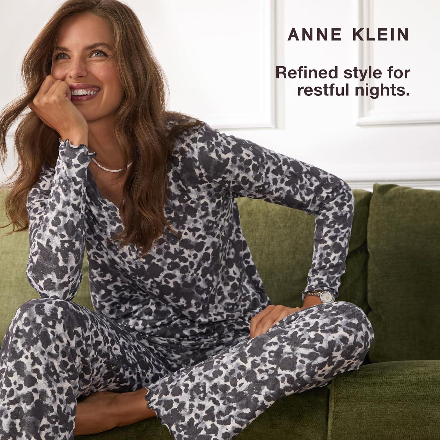 imageAnne Klein Womens Long Sleeve VNeck Pajama Top amp Relaxed Pant Set Soft Brushed Sweater Knit Cozy Sleepwear amp LoungewearEvergreen