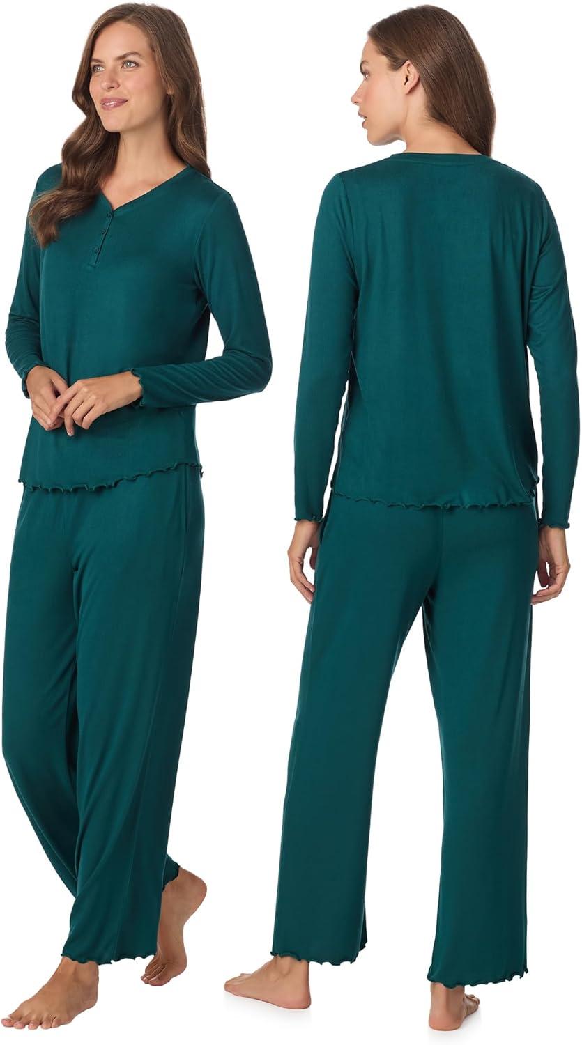 imageAnne Klein Womens Long Sleeve VNeck Pajama Top amp Relaxed Pant Set Soft Brushed Sweater Knit Cozy Sleepwear amp LoungewearEvergreen