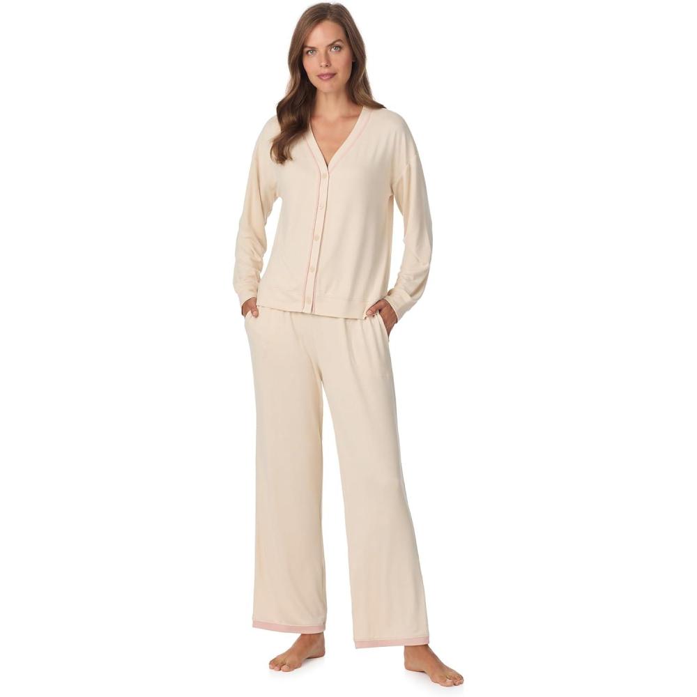 imageAnne Klein Womens Long Sleeve Button Down Pajama Top amp Wide Leg Pant Set  Soft Sweater Knit  Cozy Sleepwear amp LoungewearOat