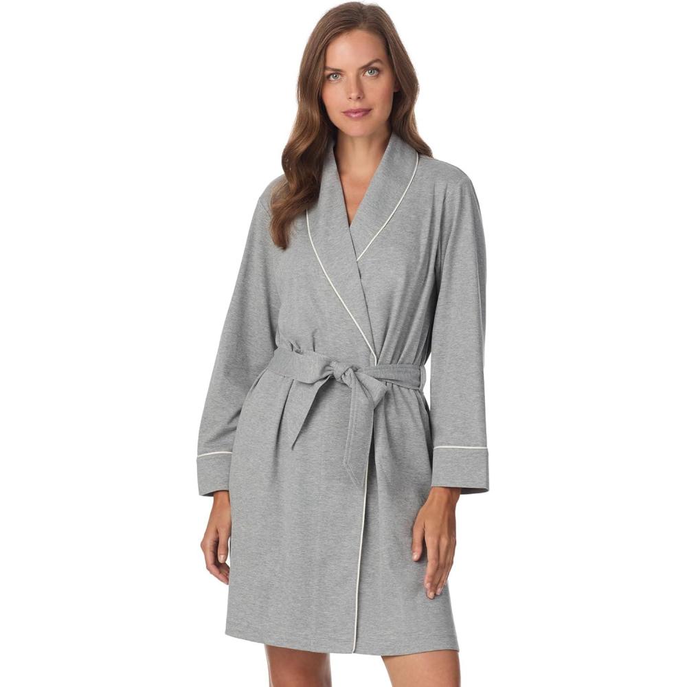 imageAnne Klein Womens Long Sleeve Knee Length Robe  Lightweight amp Breathable Cotton Blend Bathrobe  Cozy Everyday LoungewearGrey Heather