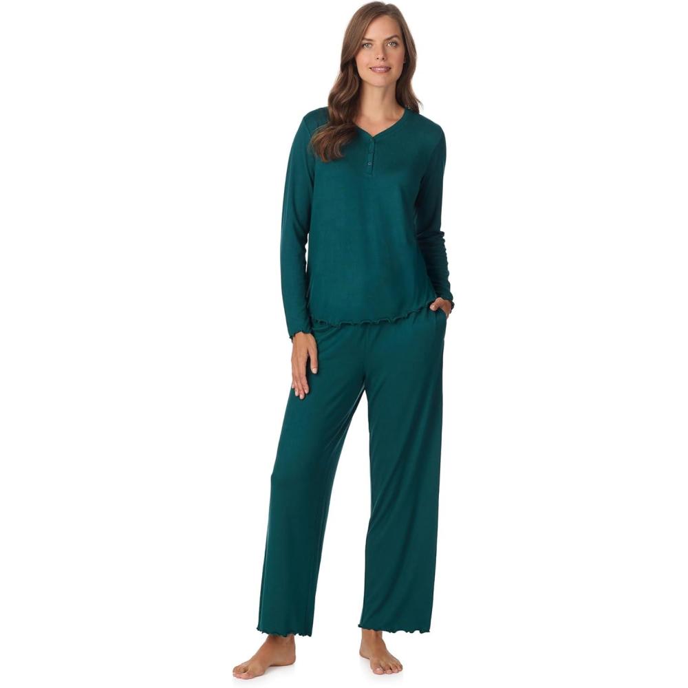 imageAnne Klein Womens Long Sleeve VNeck Pajama Top amp Relaxed Pant Set Soft Brushed Sweater Knit Cozy Sleepwear amp LoungewearEvergreen
