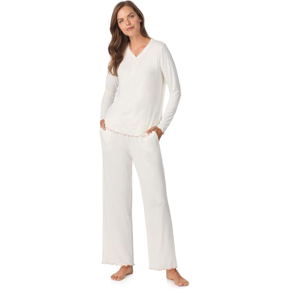 imageAnne Klein Womens Long Sleeve VNeck Pajama Top amp Relaxed Pant Set Soft Brushed Sweater Knit Cozy Sleepwear amp LoungewearGardenia