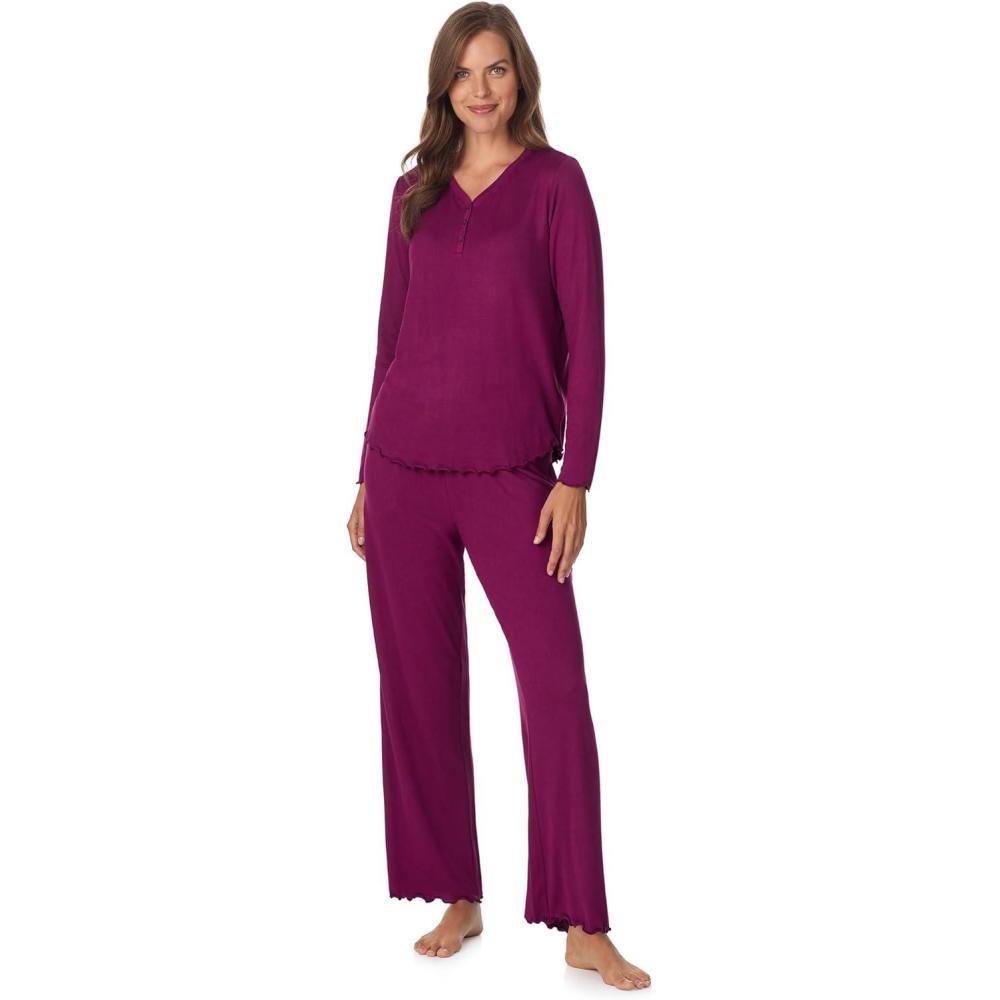 imageAnne Klein Womens Long Sleeve VNeck Pajama Top amp Relaxed Pant Set  Soft Brushed Sweater Knit  Cozy Sleepwear amp LoungewearWine Berry