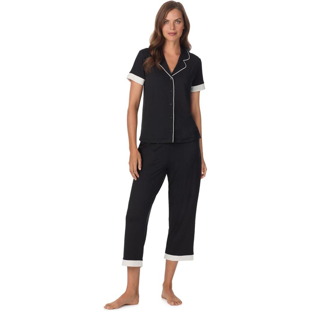 imageAnne Klein Womens Short Sleeve Button Down Pajama Top amp Capri Pant Set Soft Sweater Knit Matching Sleepwear amp LoungewearBlack