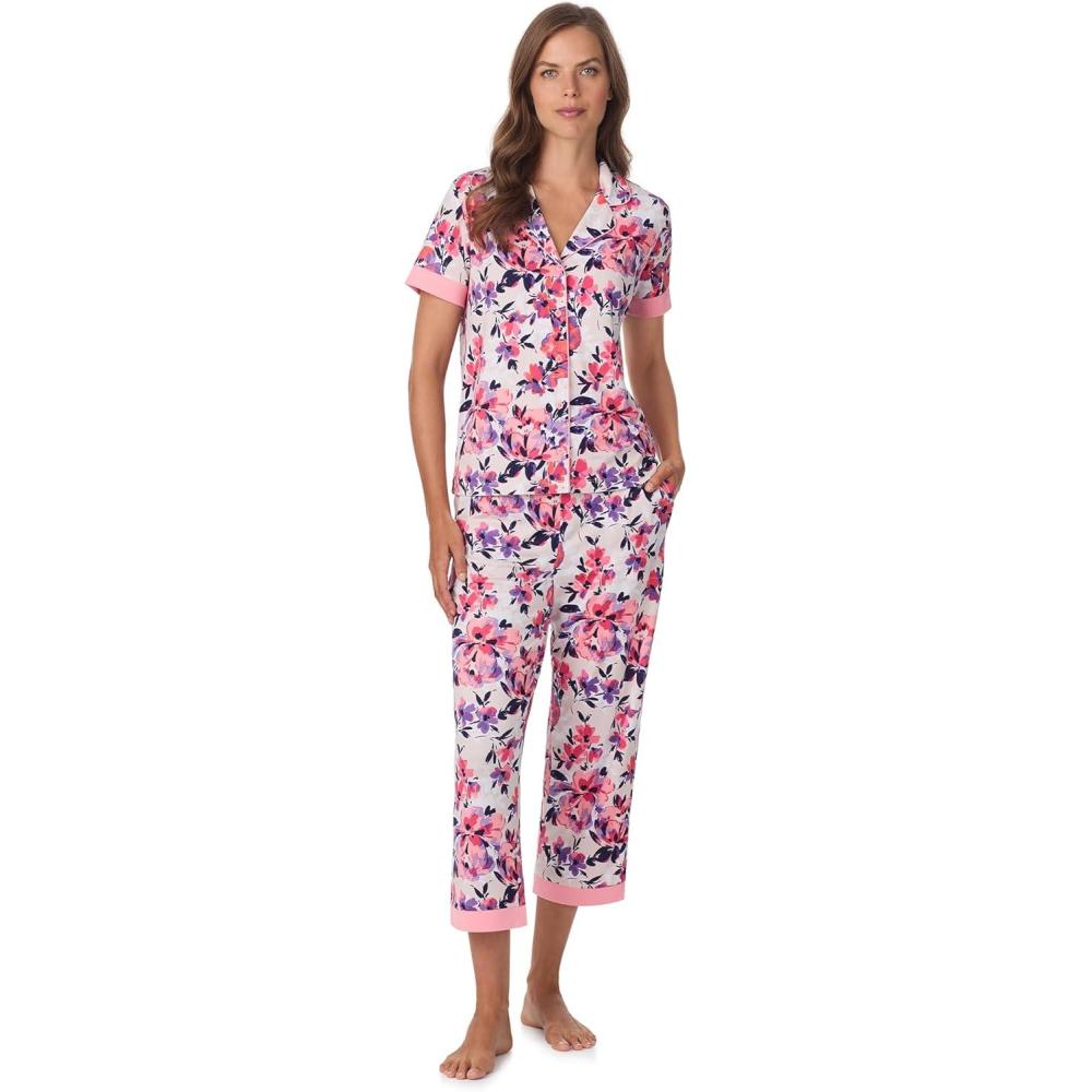 imageAnne Klein Womens Short Sleeve Button Down Pajama Top amp Capri Pant Set Soft Sweater Knit Matching Sleepwear amp LoungewearFloral Shadow