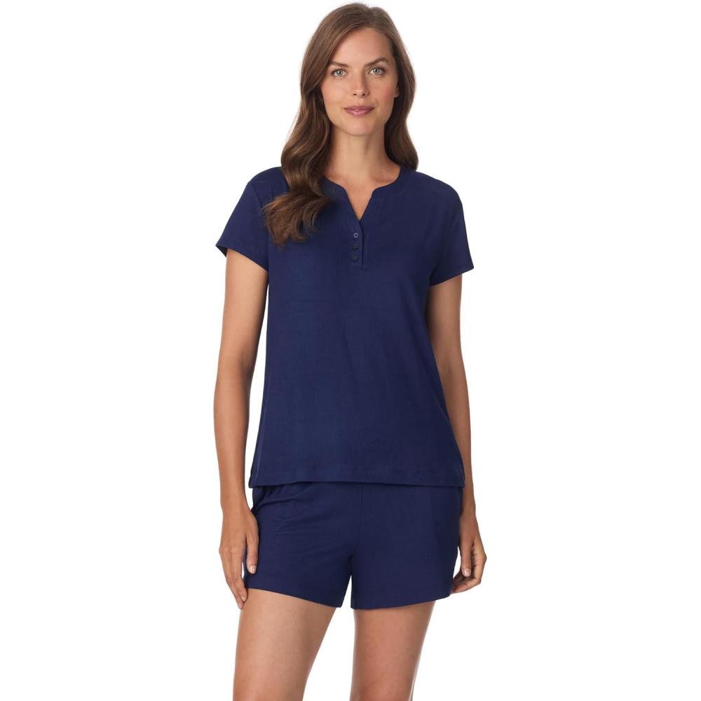 imageAnne Klein Womens Short Sleeve Henley Pajama Top amp Shorts Set Soft Sweater Knit Lightweight Sleepwear amp Loungewear PJsMedieval Blue