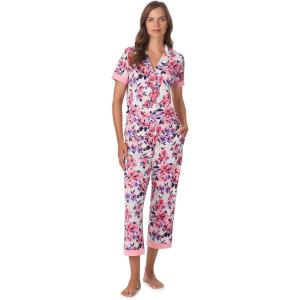 Anne Klein Womens Short Sleeve Button Down Pajama Top & Capri Pant Set – Soft Sweater Knit – Matching Sleepwear & Loungewear(Floral Shadow)