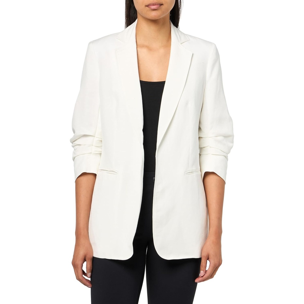 imageAnne Klein Womens Linen Notch Collar Jacket W Rouched SleeBright White