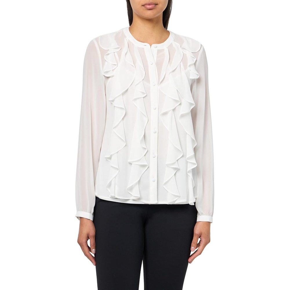 image:imageAnne Klein Womens Bttn Frt Cascade Ruffle Long Sleeve BlouBright White