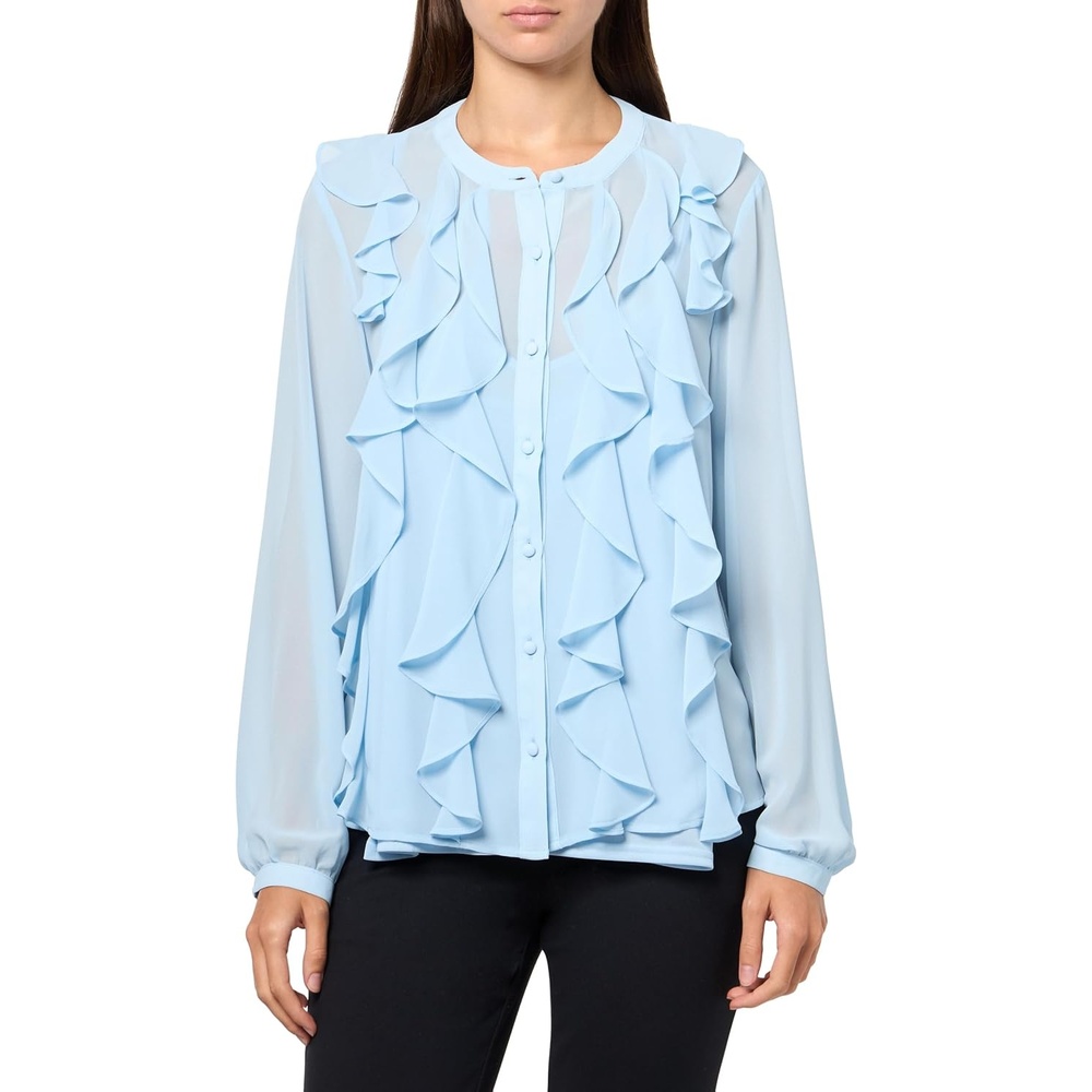 image:imageAnne Klein Womens Bttn Frt Cascade Ruffle Long Sleeve BlouOpal Blue