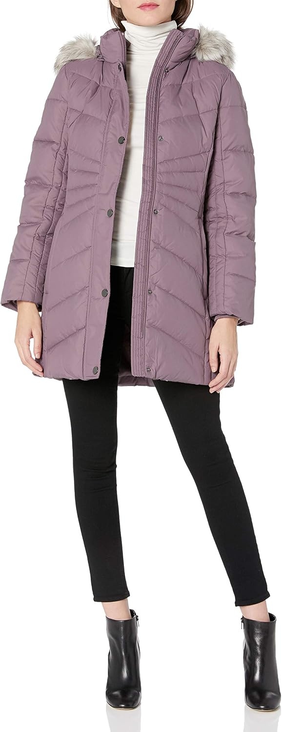 image:imageAnne Klein Womens Chevron Quilt Coat With Waist Detail With Faux Fur HoodFlint