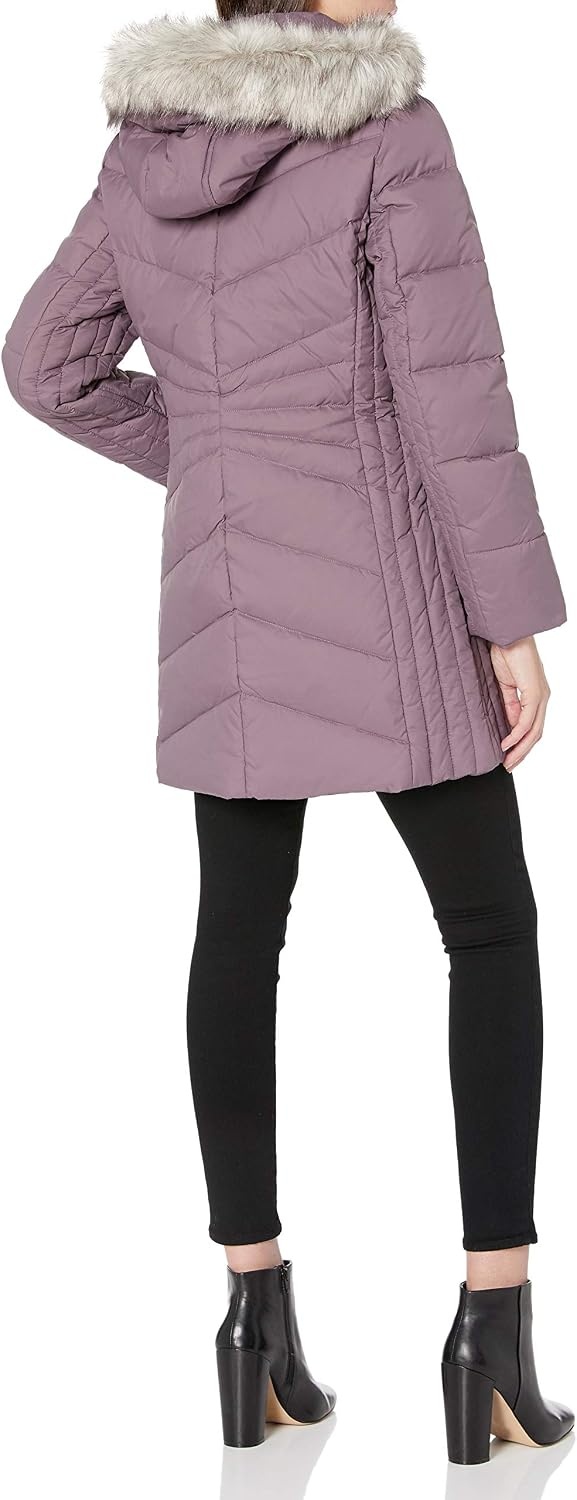 image:imageAnne Klein Womens Chevron Quilt Coat With Waist Detail With Faux Fur HoodFlint