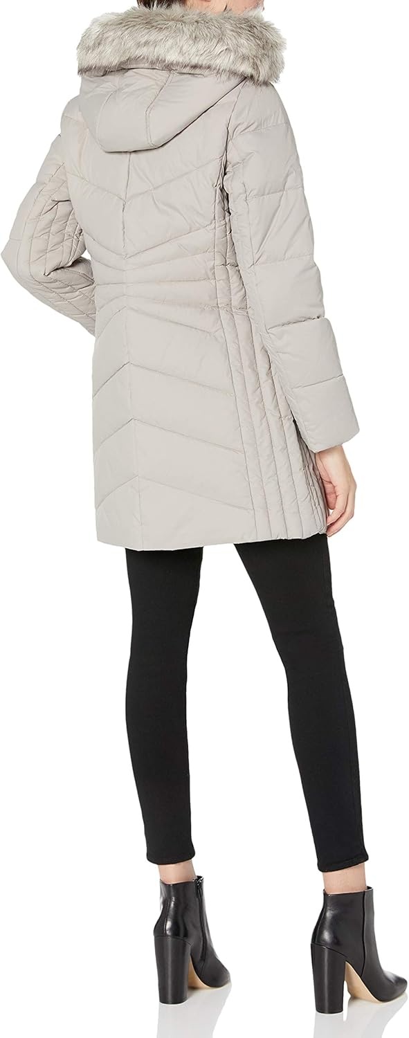 image:imageAnne Klein Womens Chevron Quilt Coat With Waist Detail With Faux Fur HoodPearl Grey