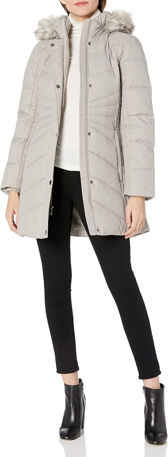 image:imageAnne Klein Womens Chevron Quilt Coat With Waist Detail With Faux Fur HoodPearl Grey