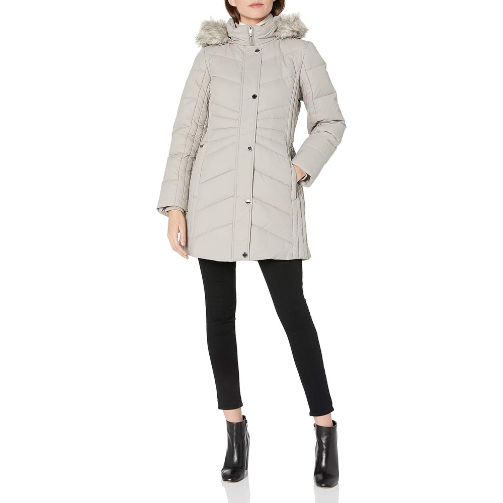 image:imageAnne Klein Womens Chevron Quilt Coat With Waist Detail With Faux Fur HoodPearl Grey