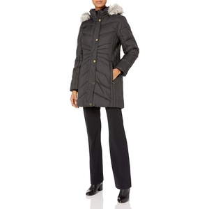 Anne Klein Women’s Chevron Quilt Coat With Waist Detail With Faux Fur Hood(Black)
