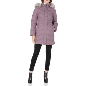 Anne Klein Women’s Chevron Quilt Coat With Waist Detail With Faux Fur Hood(Flint)