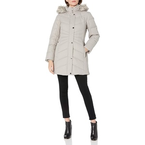 Anne Klein Women’s Chevron Quilt Coat With Waist Detail With Faux Fur Hood(Pearl Grey)