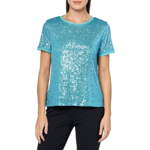 Anne Klein Women’s Sequin Mesh W Triple Mesh Ss Banded Tee(Pool Blue)