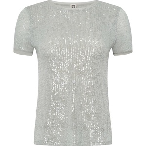 Anne Klein Women’s Sequin Mesh W Triple Mesh Ss Banded Tee(Soft Aloe)
