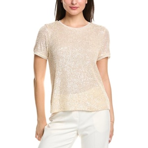 Anne Klein Women’s Sequin Mesh W Triple Mesh Ss Banded Tee(Soft Latte)